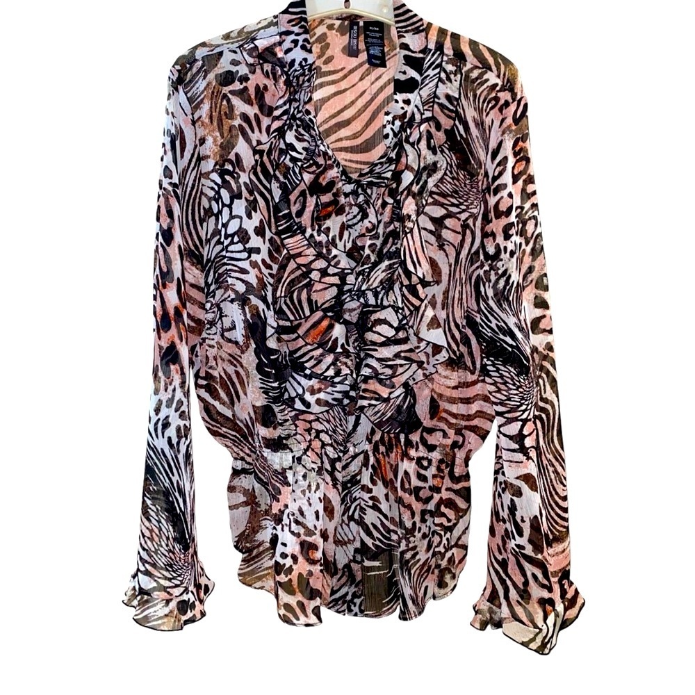 Bisou Bisou Sheer Ruffled Animal Print Blouse Top Sz XL